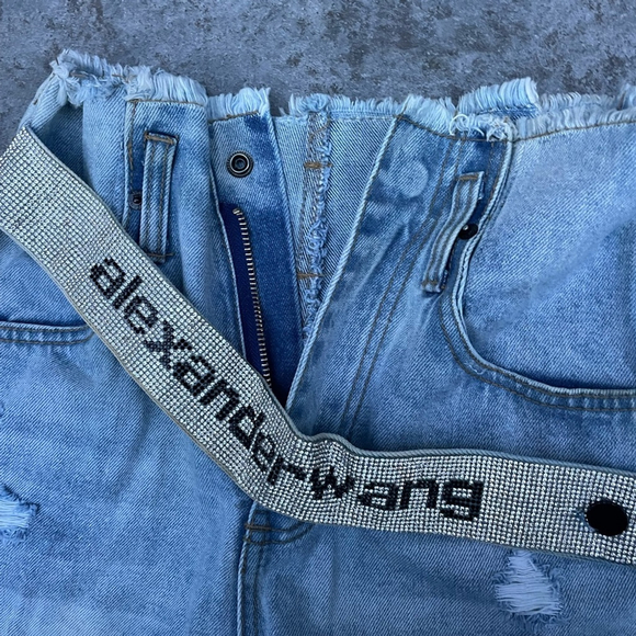 Alexander Wang rhinestone belt Blue Distressed Denim Shorts - Picture 6 of 9